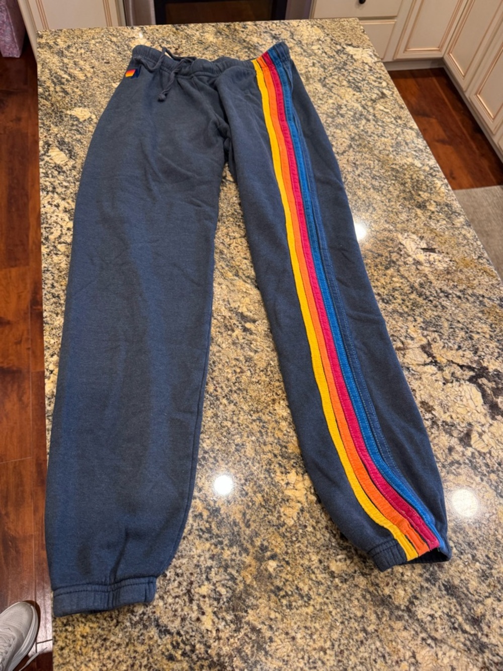 Aviator Nation Navy Sweatpants with Rainbow Side Stripes small